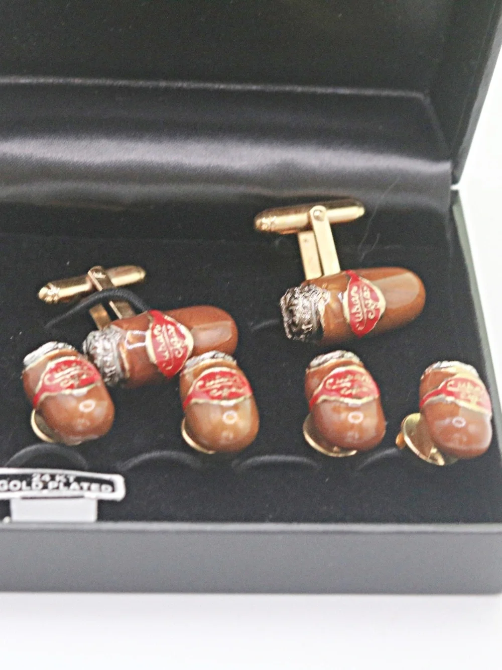 24k Gold Plated Cuban Cigar 2 Cufflinks & Four Studs Superior Quality